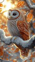 Snowy owl sitting on a branch with autumn leaves in the background photo