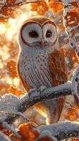 Snowy owl perched on a branch with autumn leaves and soft sunlight in the background photo