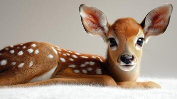 Adorable young fawn with brown fur and white spots lying on soft white surface photo