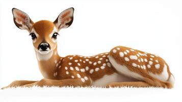 Cute young fawn laying on white background with soft fur and spotted coat photo