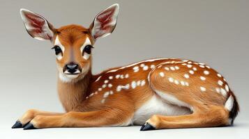 Young fawn with spots laying on a neutral background photo