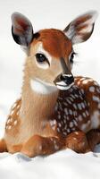 Young fawn resting on snowy ground with beautiful spots and fluffy fur photo