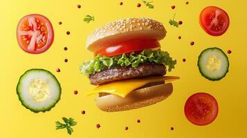 Delicious cheeseburger with fresh vegetables on vibrant yellow background photo