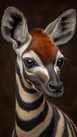 Close-up portrait of a stylized okapi with unique striped fur pattern photo