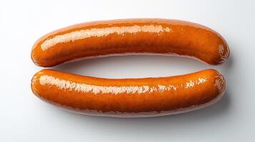 Two glossy sausages isolated on white background for food photography photo