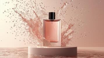 Stylish perfume bottle with splash effect on light background photo