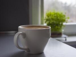 Large white mug filled with coffee sits on a gray kitchen counter next to a window with a small green plant, creating a cozy and inviting atmosphere photo