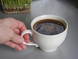 Caucasian man holding large white mug filled with steaming black coffee on grey table, with microgreens in the background, enjoying a quiet moment photo