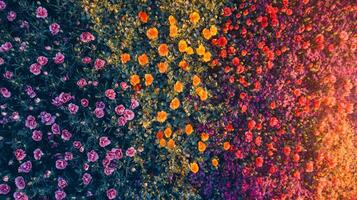 Colorful flowers in a field at sunset photo