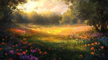 A painting of a field with flowers and trees photo