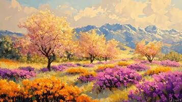 A painting of flowers and trees in the mountains photo