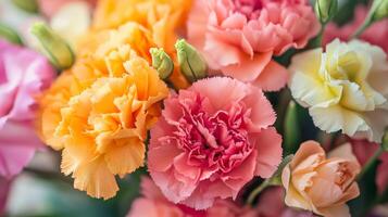 A close up of a bunch of colorful carnations photo