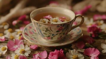 A cup of tea with flowers on a wooden table photo
