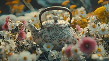 A tea pot is sitting in a field of daisies photo
