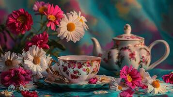 A tea pot and flowers on a blue table photo