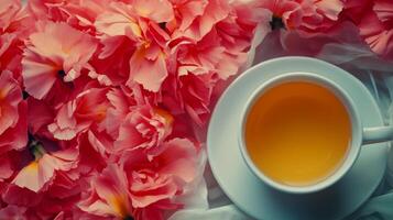 A cup of tea is placed on a white table with pink flowers photo