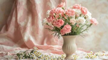 Pink carnations in a vase on a table photo