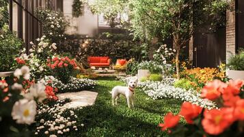 A dog is standing in a garden with flowers photo