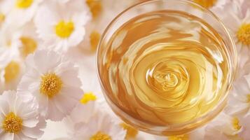 A glass of honey is surrounded by flowers photo