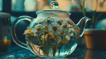 A glass teapot with a glass of water and a bunch of flowers photo
