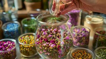 A person is pouring flowers into a jar photo