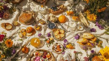 A picnic table with food and flowers photo