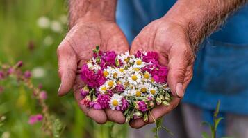 A man holding a bunch of wild flowers photo