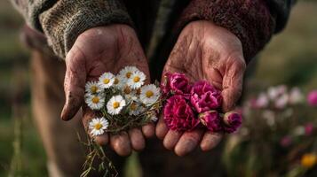 A man holding flowers in his hands photo