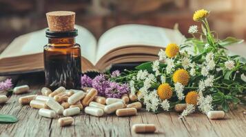 Herbal medicine and pills on a wooden table photo
