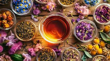 A variety of tea and flowers are arranged in bowls photo