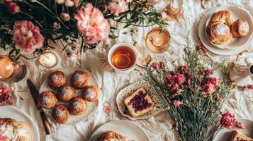 A table with pastries and flowers on it photo