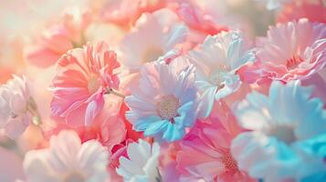 A bunch of pink and blue flowers photo