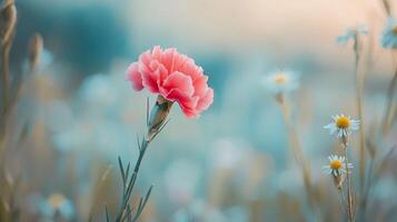 Pink carnation flower in a field of daisies photo