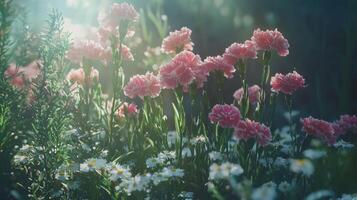 Pink flowers in the sun with green grass photo