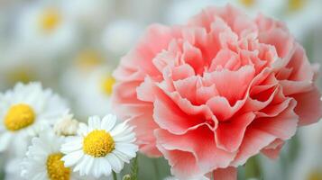 Pink carnation and white daisies in a field photo