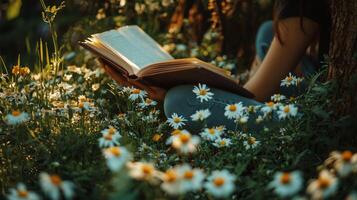 Woman reading book in the field of daisies photo