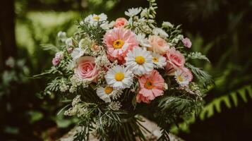 A bouquet of pink and white flowers sitting on a table photo