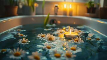 A bathtub filled with flowers and candles photo