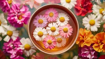 A bowl filled with flowers and water photo