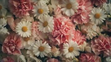 Pink and white daisies are arranged in a field photo