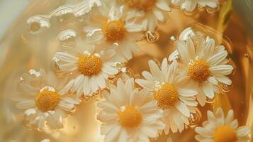 Daisies in water with bubbles and yellow flowers photo