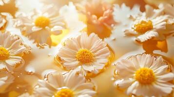 Daisies in water with yellow sun shining through photo