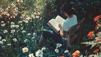 A woman reading a book in a field of flowers photo