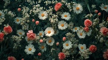 A field of white and pink flowers with a green background photo