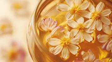 A glass of honey with flowers in it photo