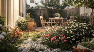 A garden with flowers and plants in pots photo