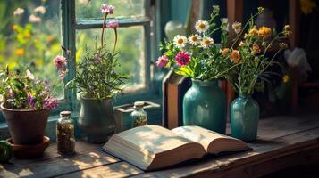 An open book, vases of flowers and a window photo