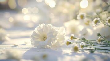 White daisies on a white table with bokeh photo