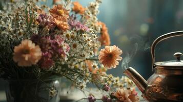 Still life with flowers and tea pot photo