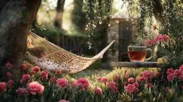 A hammock and a cup of tea in a garden photo
